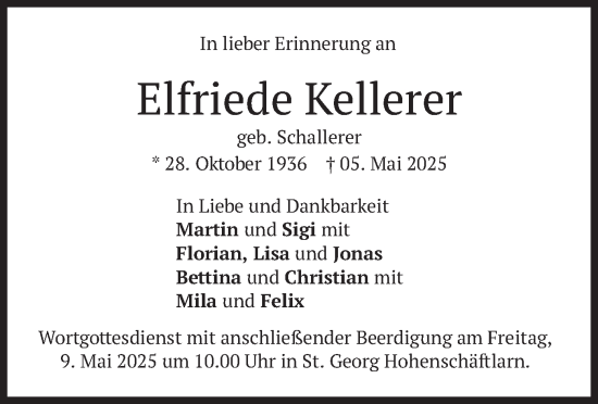 Todesanzeige von Elfriede Kellerer von merkurtz