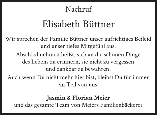 Todesanzeige von Elisabeth Büttner von merkurtz