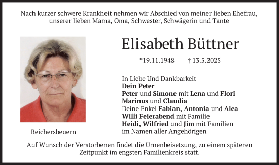 Todesanzeige von Elisabeth Büttner von merkurtz