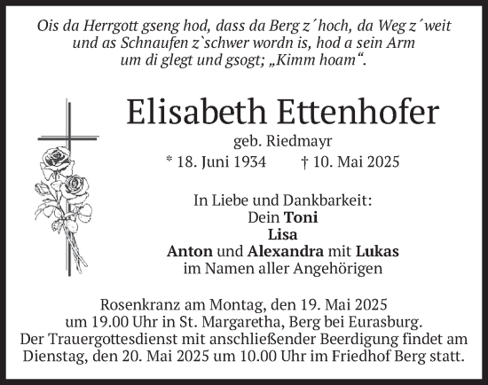 Todesanzeige von Elisabeth Ettenhofer von merkurtz