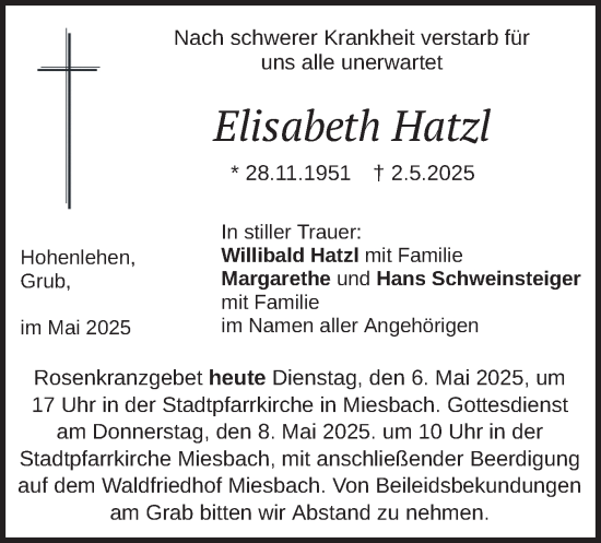 Todesanzeige von Elisabeth Hatzl von merkurtz