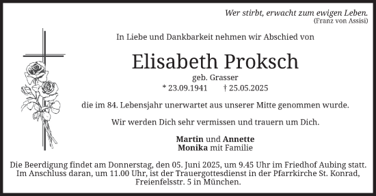 Todesanzeige von Elisabeth Proksch von merkurtz