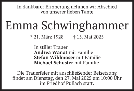 Todesanzeige von Emma Schwinghammer von merkurtz