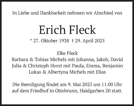 Todesanzeige von Erich Fleck von merkurtz