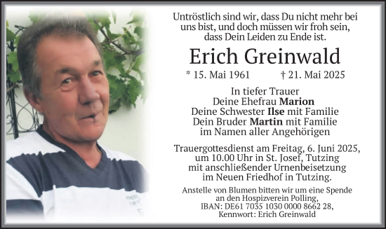 Todesanzeige von Erich Greinwald von merkurtz