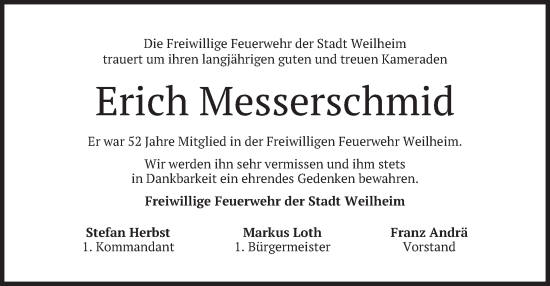 Todesanzeige von Erich Messerschmid von merkurtz