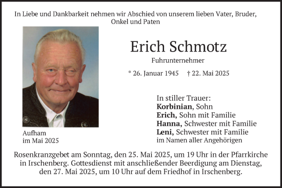 Todesanzeige von Erich Schmotz von merkurtz