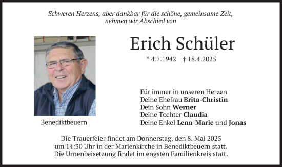 Todesanzeige von Erich Schüler von merkurtz
