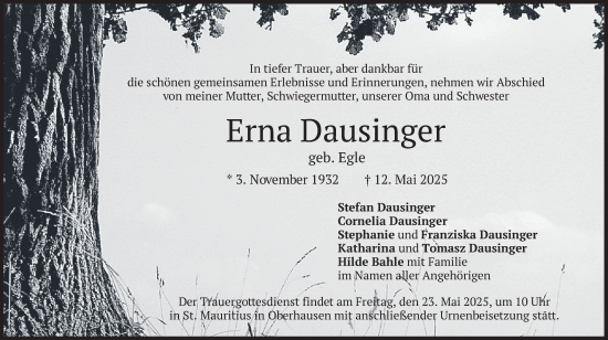 Todesanzeige von Erna Dausinger von merkurtz