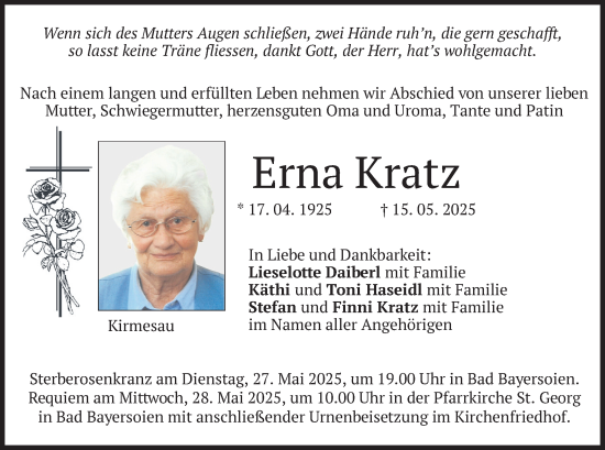 Todesanzeige von Erna Kratz von merkurtz