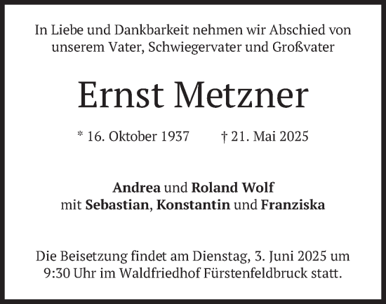 Todesanzeige von Ernst Metzner von merkurtz