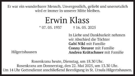 Todesanzeige von Erwin Klass von merkurtz