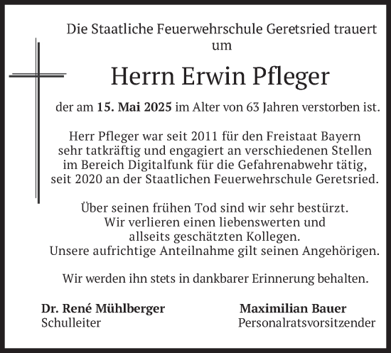 Todesanzeige von Erwin Pfleger von merkurtz