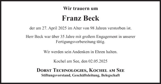 Todesanzeige von Franz Beck von merkurtz