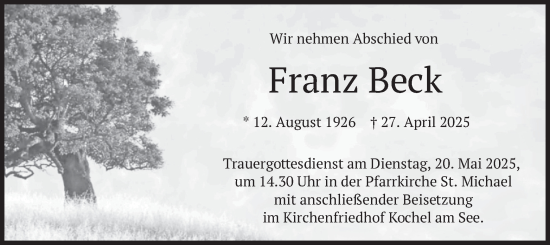 Todesanzeige von Franz Beck von merkurtz