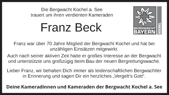 Todesanzeige von Franz Beck von merkurtz