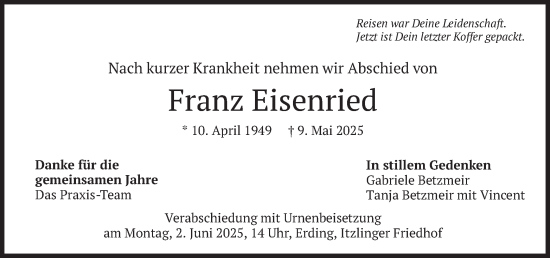 Todesanzeige von Franz Eisenried von merkurtz