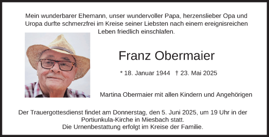 Todesanzeige von Franz Obermaier von merkurtz