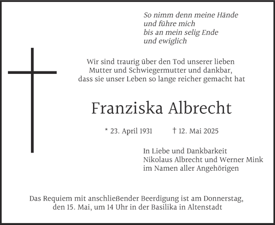 Todesanzeige von Franziska Albrecht von merkurtz