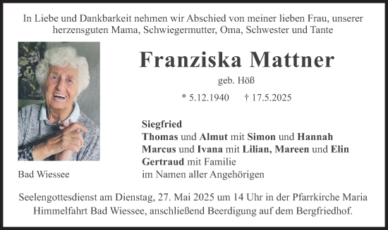 Todesanzeige von Franziska Mattner von merkurtz