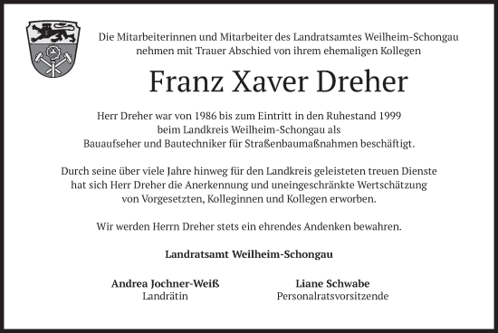 Todesanzeige von Franz Xaver Dreher von merkurtz