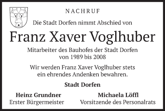 Todesanzeige von Franz Xaver Voglhuber von merkurtz