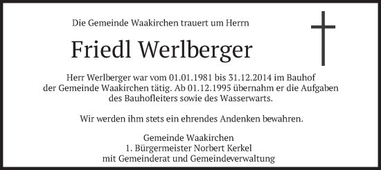 Todesanzeige von Friedl Werlberger von merkurtz
