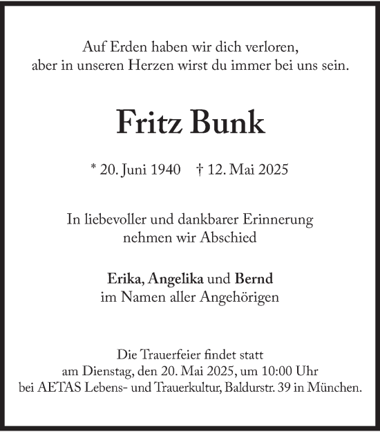 Todesanzeige von Fritz Bunk von merkurtz