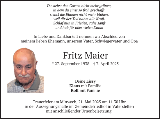 Todesanzeige von Fritz Maier von merkurtz