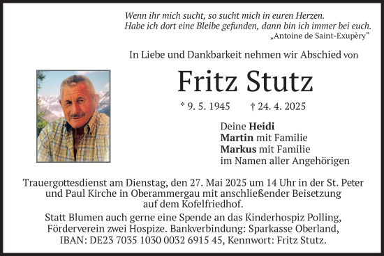 Todesanzeige von Fritz Stutz von merkurtz