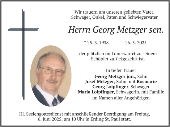 Todesanzeige von Georg Metzger von merkurtz