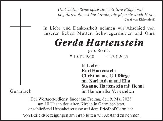 Todesanzeige von Gerda Hartenstein von merkurtz