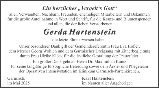 Todesanzeige von Gerda Hartenstein von merkurtz