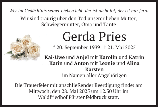 Todesanzeige von Gerda Pries von merkurtz