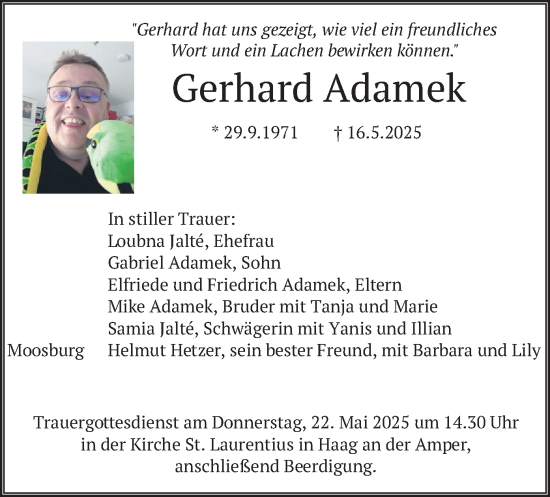 Todesanzeige von Gerhard Adamek von merkurtz