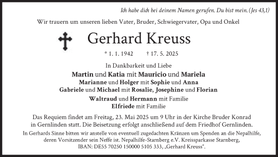 Todesanzeige von Gerhard Kreuss von merkurtz