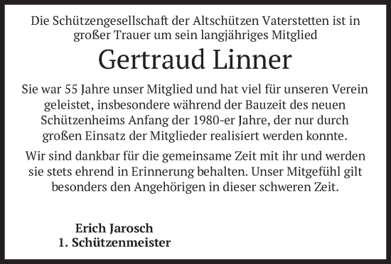 Todesanzeige von Gertraud Linner von merkurtz