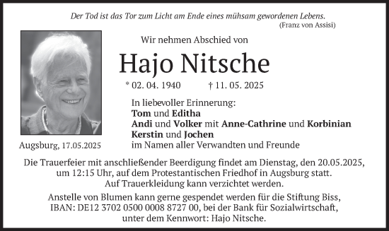 Todesanzeige von Hajo Nitsche von merkurtz