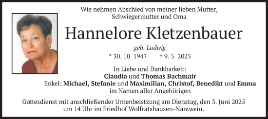 Todesanzeige von Hannelore Kletzenbauer von merkurtz