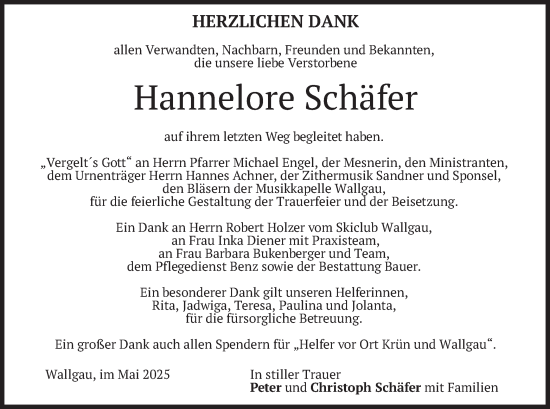 Todesanzeige von Hannelore Schäfer von merkurtz
