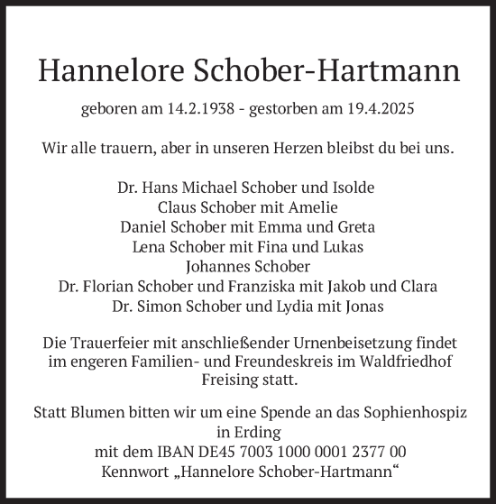 Todesanzeige von Hannelore Schober-Hartmann von merkurtz