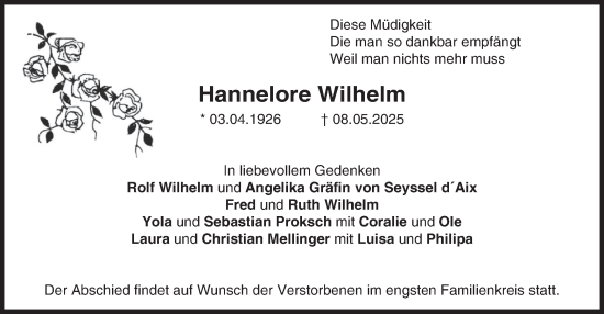 Todesanzeige von Hannelore Wilhelm von merkurtz