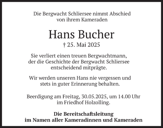 Todesanzeige von Hans Bucher von merkurtz