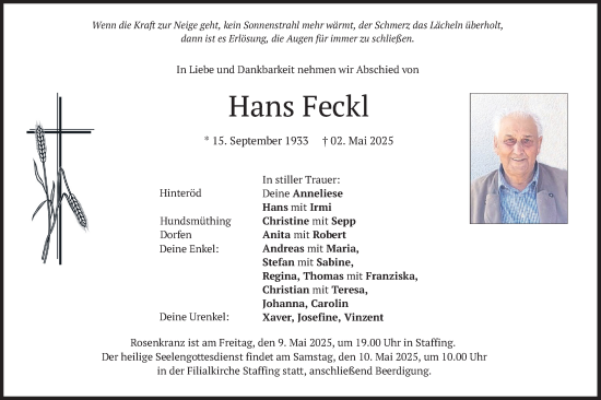 Todesanzeige von Hans Feckl von merkurtz