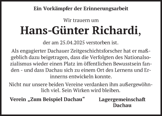 Todesanzeige von Hans-Günter Richardi von merkurtz
