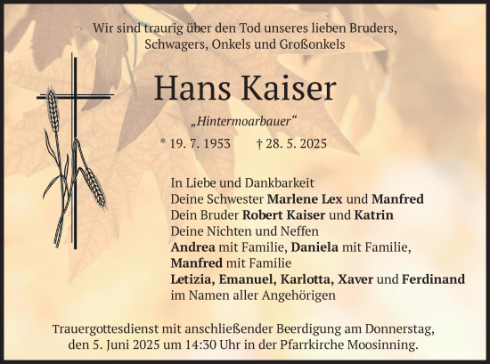 Todesanzeige von Hans Kaiser von merkurtz