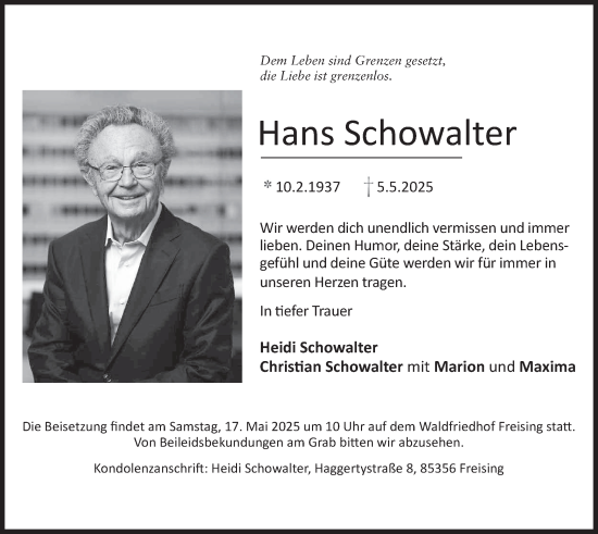 Todesanzeige von Hans Schowalter von merkurtz