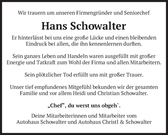 Todesanzeige von Hans Schowalter von merkurtz