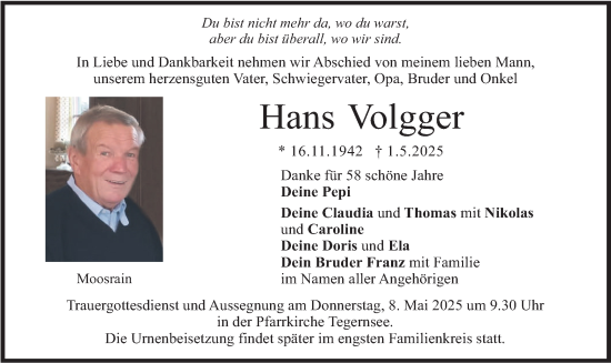 Todesanzeige von Hans Volgger von merkurtz