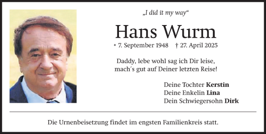 Todesanzeige von Hans Wurm von Das Gelbe Blatt Penzberg